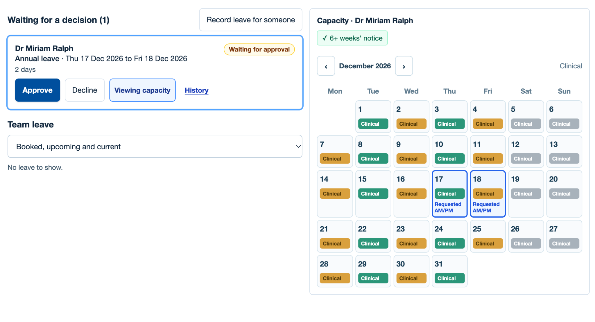 RALPH team leave approval view showing a request beside the capacity calendar