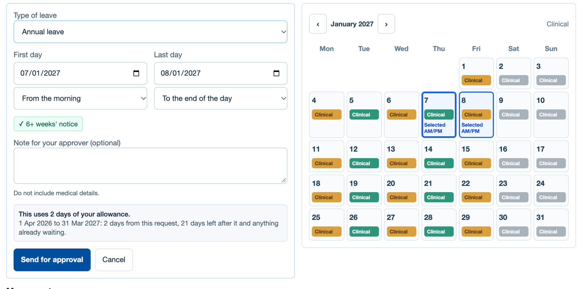 RALPH leave request form with selected dates and the clinical capacity calendar